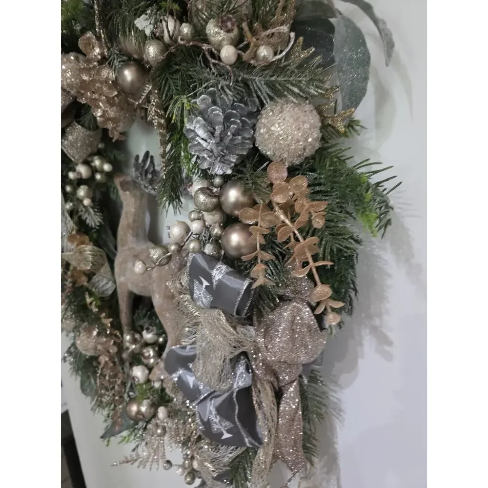 Handmade Christmas Wreath Deer Stag Gold Silver Berries Balls Ribbon 25